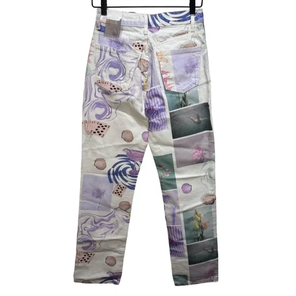 Zara NWT Size 4 Cream Pastel Seashell Art Print Straight Leg Jeans - Picture 7 of 11
